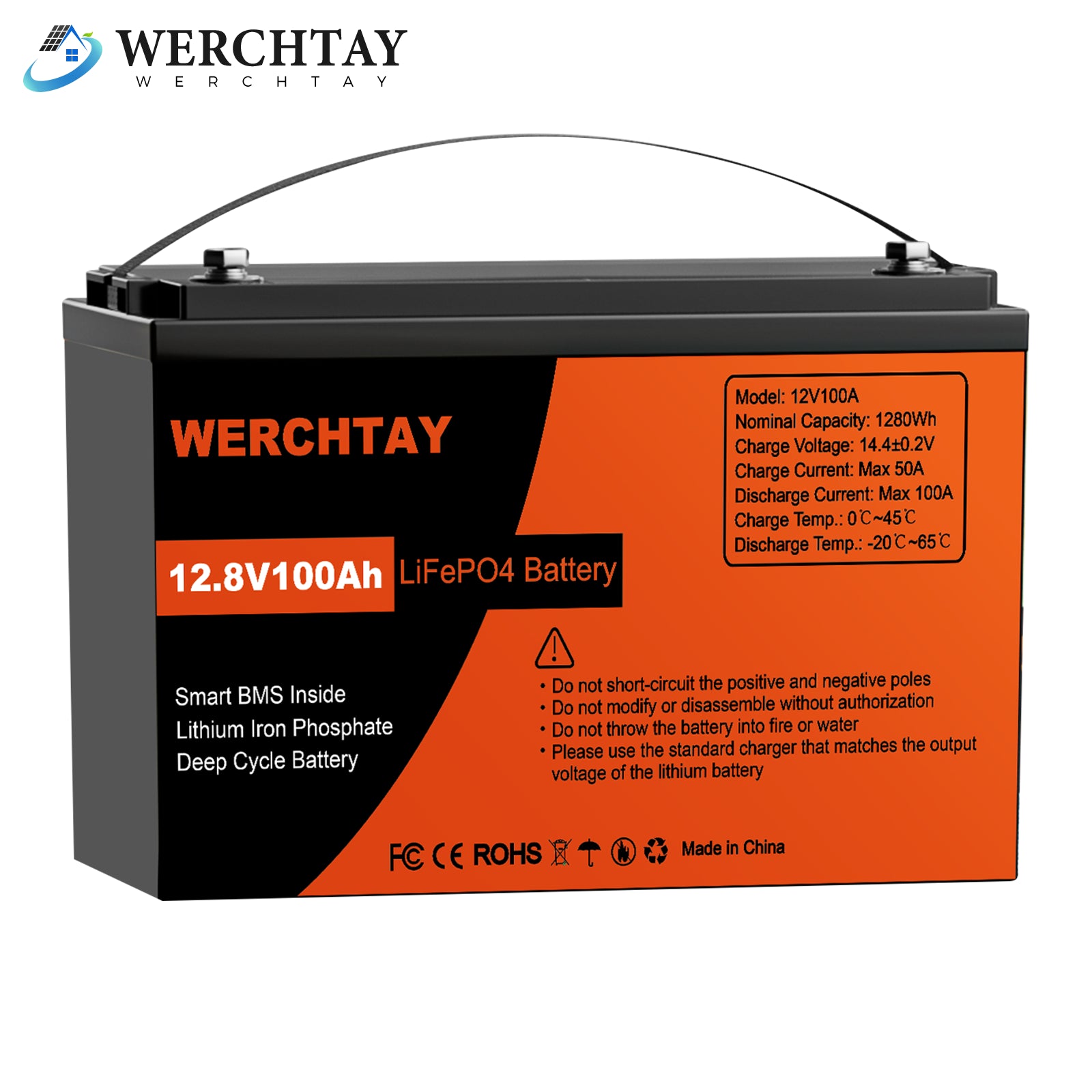 12,8 V 1280 Wh/100 Ah LiFePO4-Batterie mit BMS-Schutz