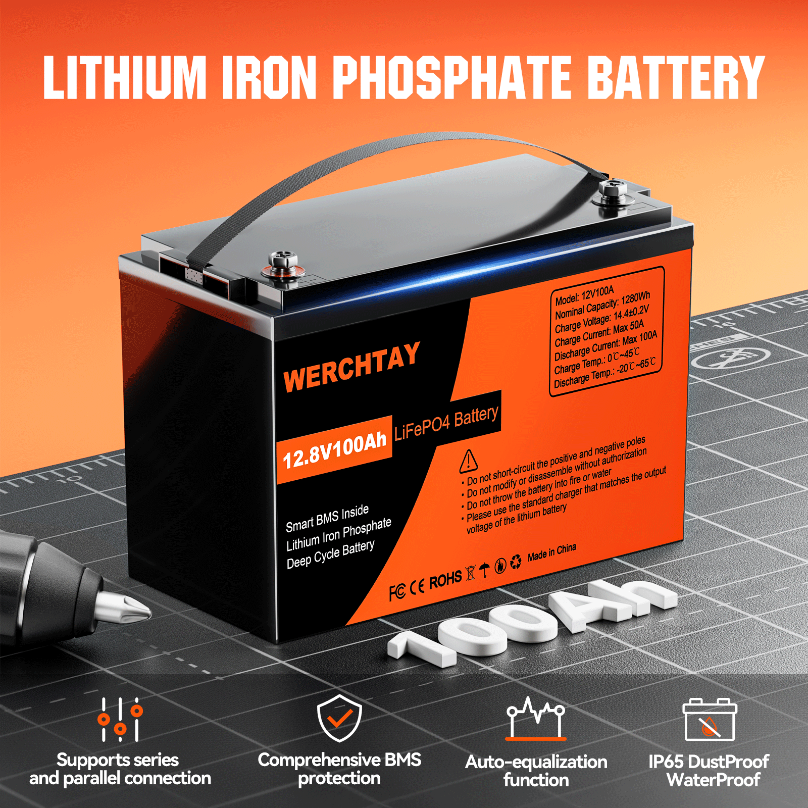 12,8 V 1280 Wh/100 Ah LiFePO4-Batterie mit BMS-Schutz 