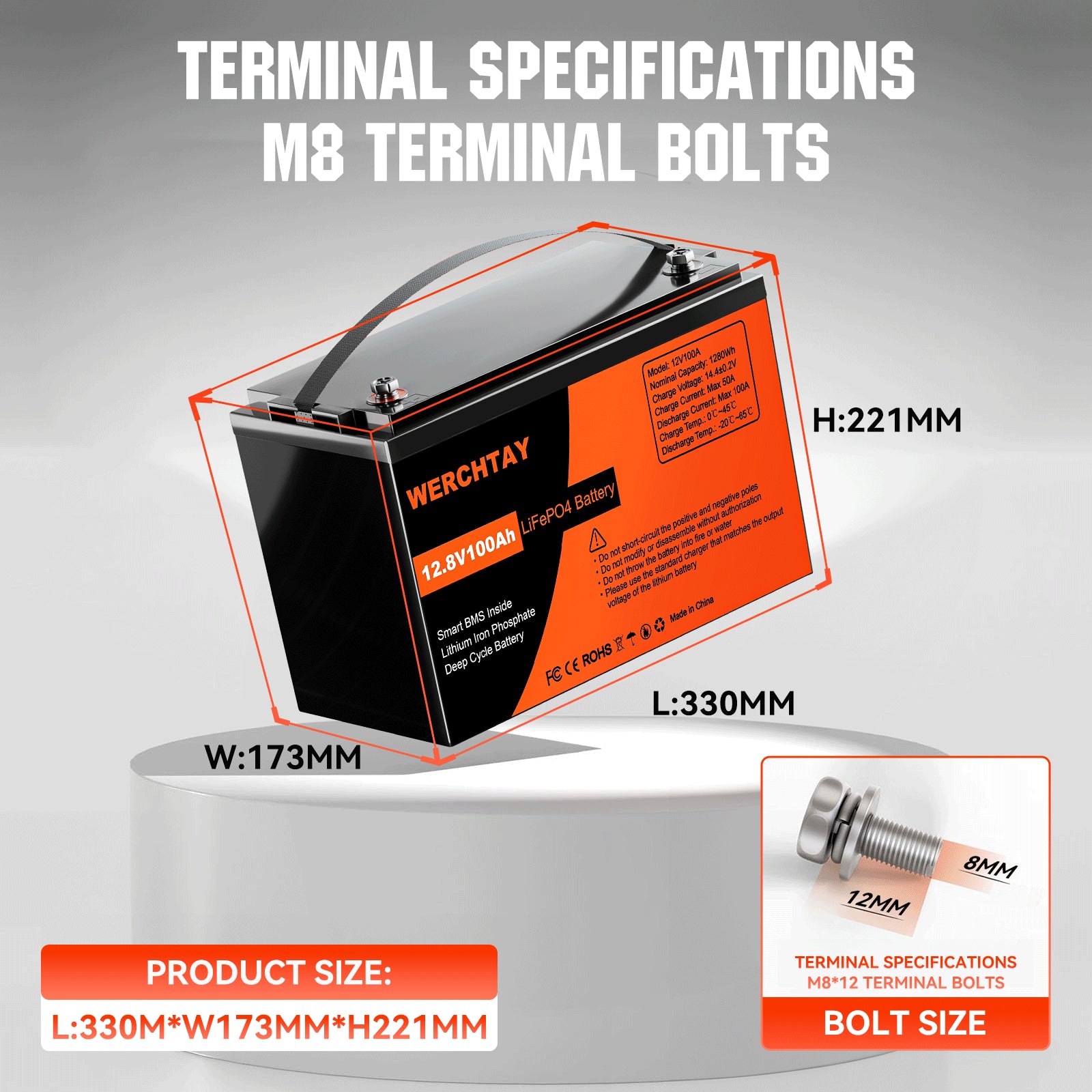 12,8 V 1280 Wh/100 Ah LiFePO4-Batterie mit BMS-Schutz 
