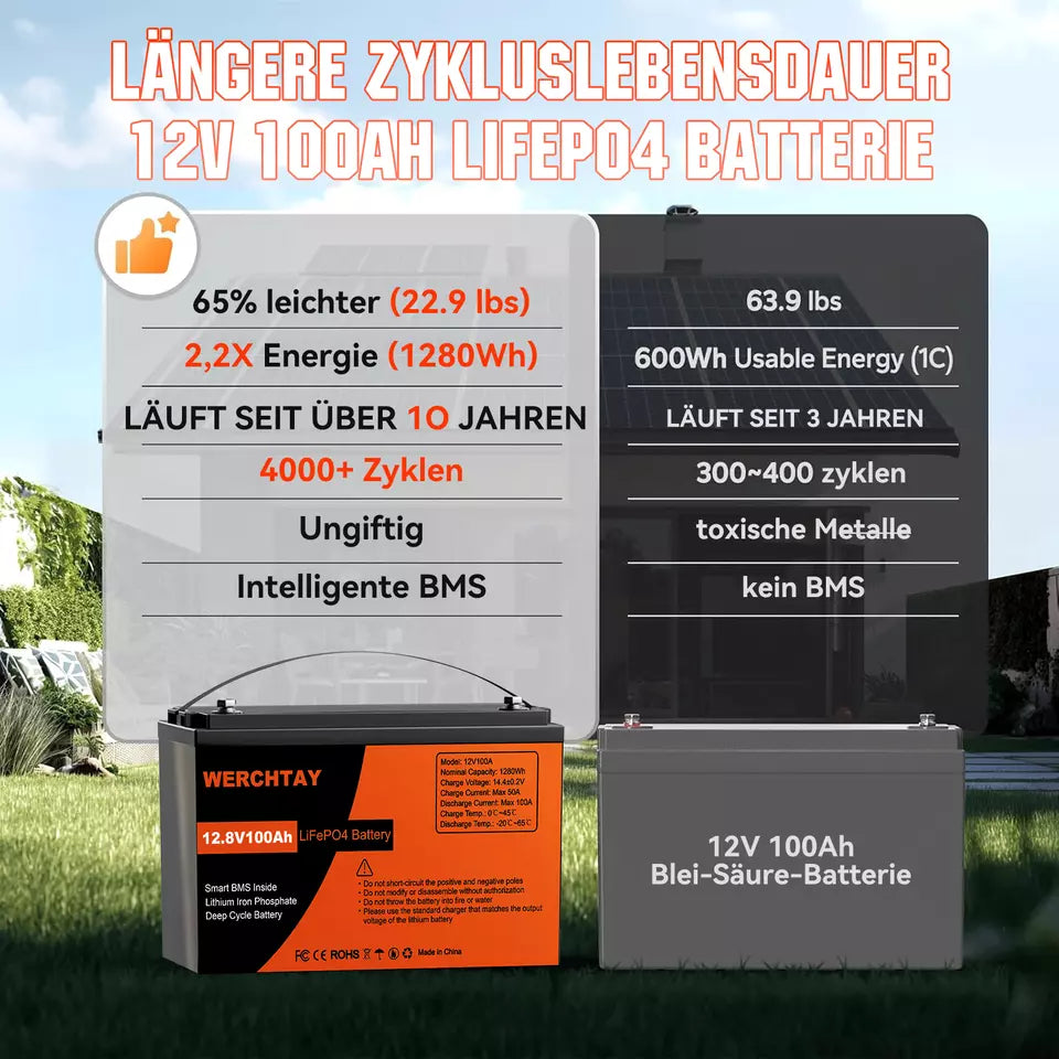 12,8 V 1280 Wh/100 Ah LiFePO4-Batterie mit BMS-Schutz