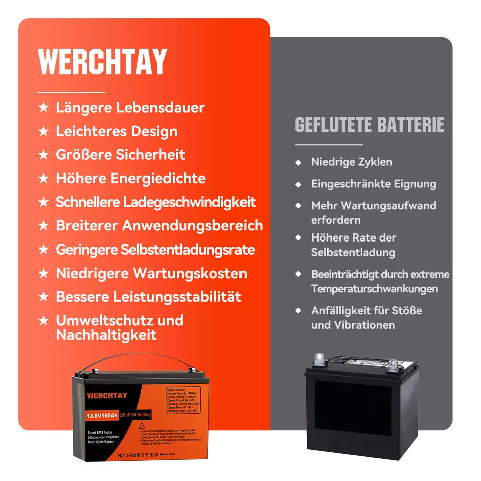 12,8 V 1280 Wh/100 Ah LiFePO4-Batterie mit BMS-Schutz