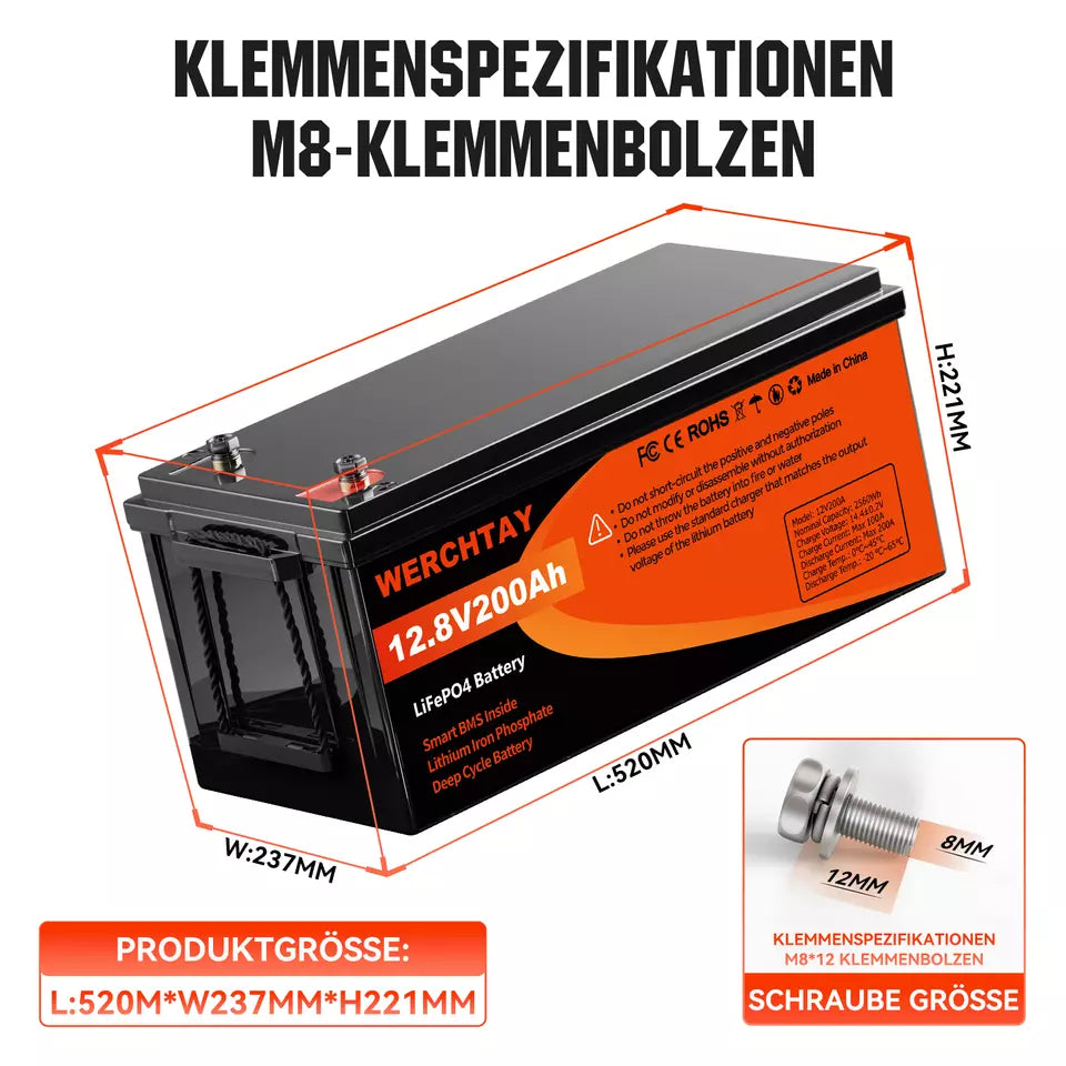 12,8V 200Ah LiFePO4 Akku – Über 4000 Ladezyklen