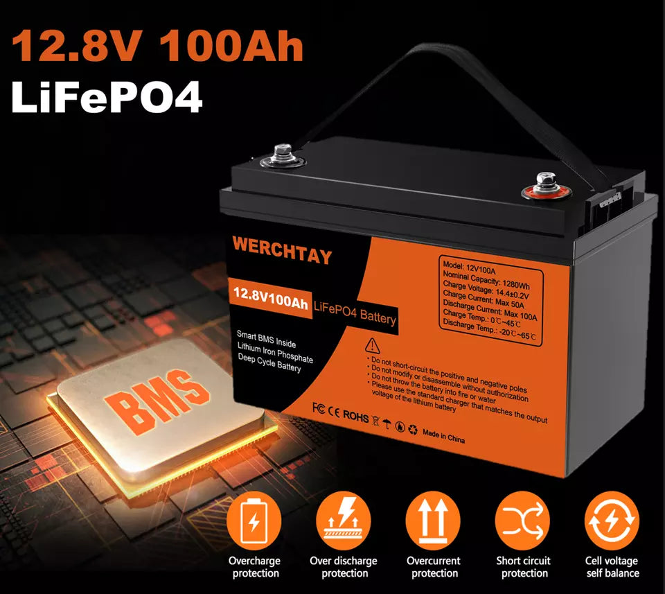 12,8 V 1280 Wh/100 Ah LiFePO4-Batterie mit BMS-Schutz