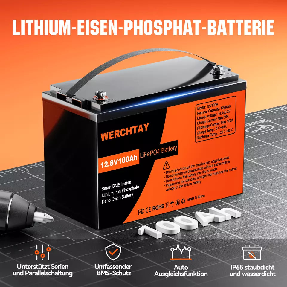 12,8 V 1280 Wh/100 Ah LiFePO4-Batterie mit BMS-Schutz