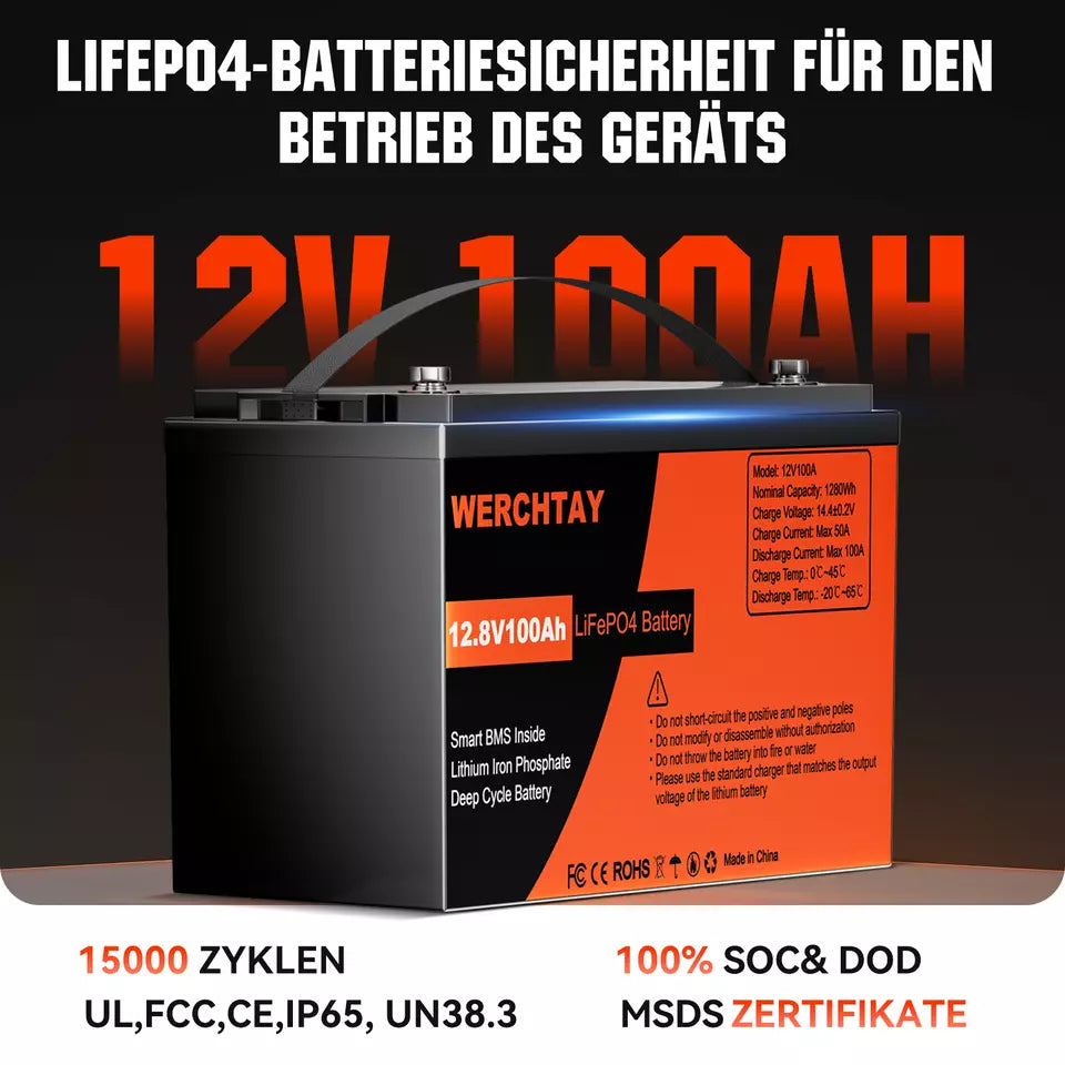 12,8 V 1280 Wh/100 Ah LiFePO4-Batterie mit BMS-Schutz