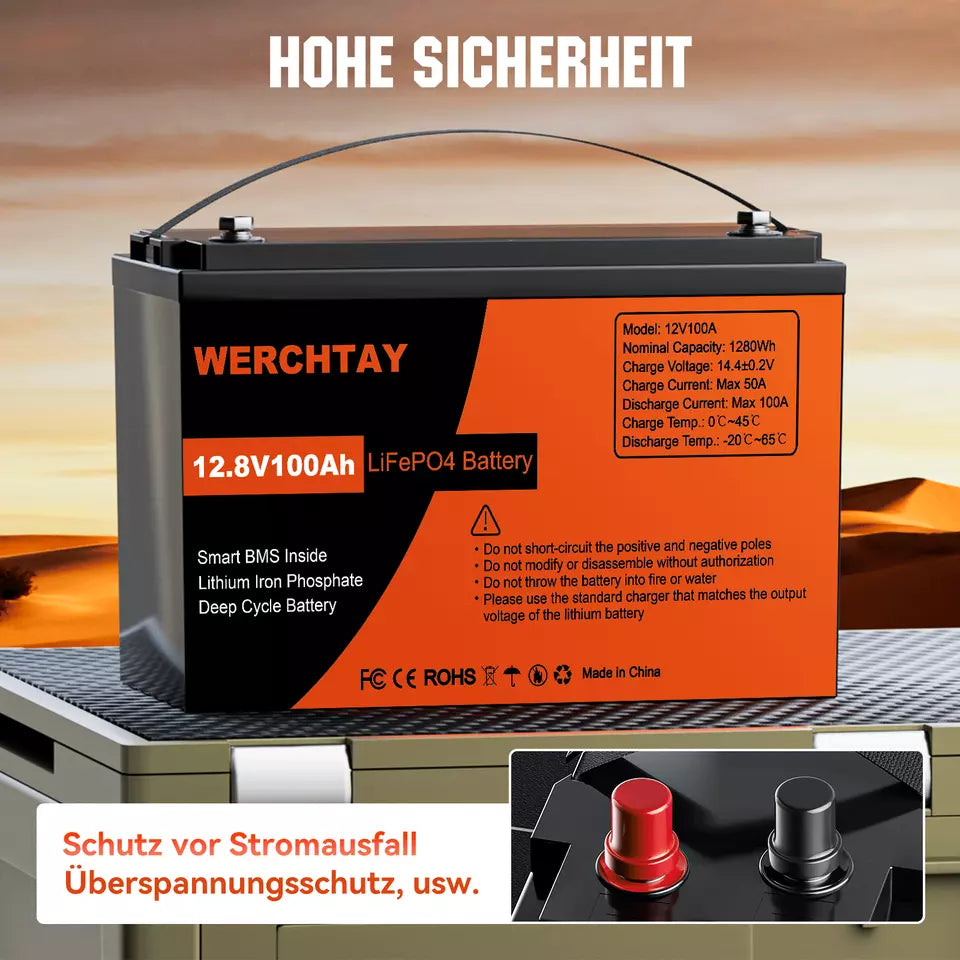 12,8 V 1280 Wh/100 Ah LiFePO4-Batterie mit BMS-Schutz