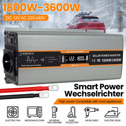 1800W/3600W Reiner Sinus Wechselrichter 12V auf 230V – Inverter mit LCD-Anzeige